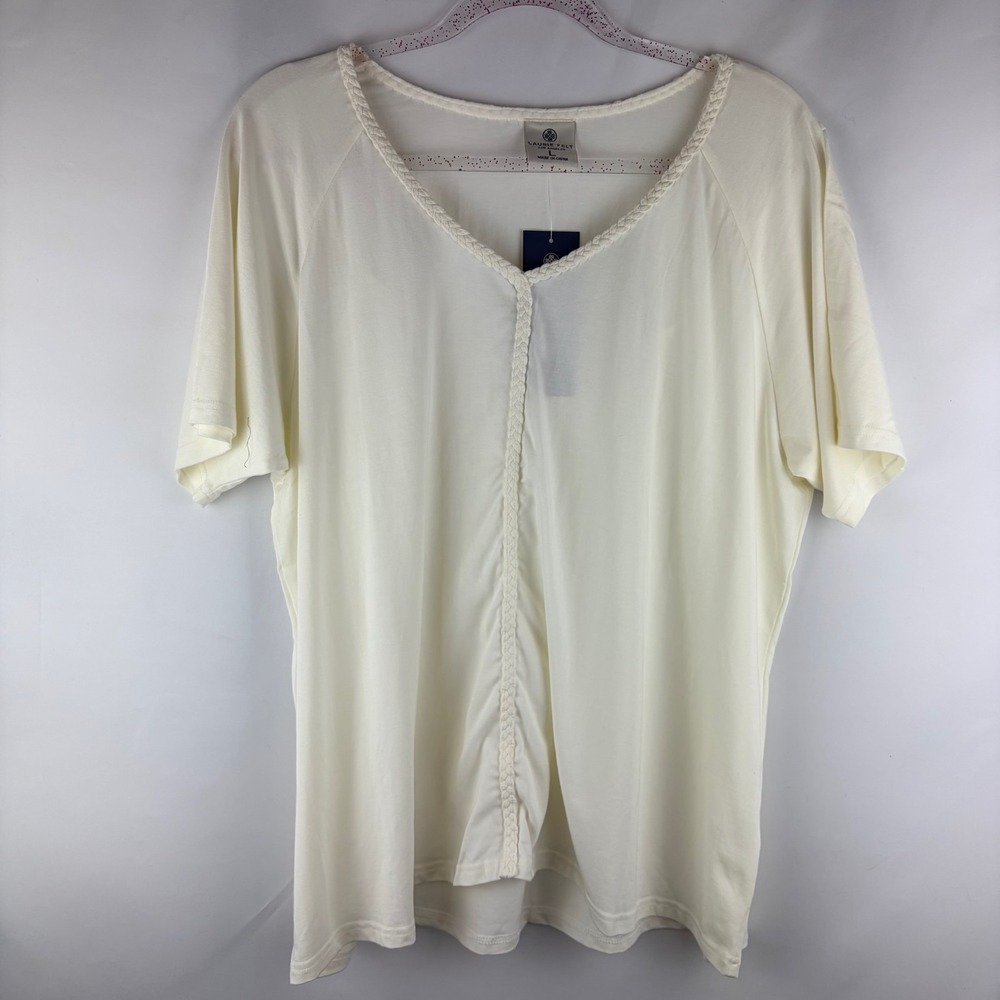 Laurie Felt Top Large Ivory Braided V-Neck Boho Chic Coastal Grandma Soft Bamboo - Picture 2 of 9